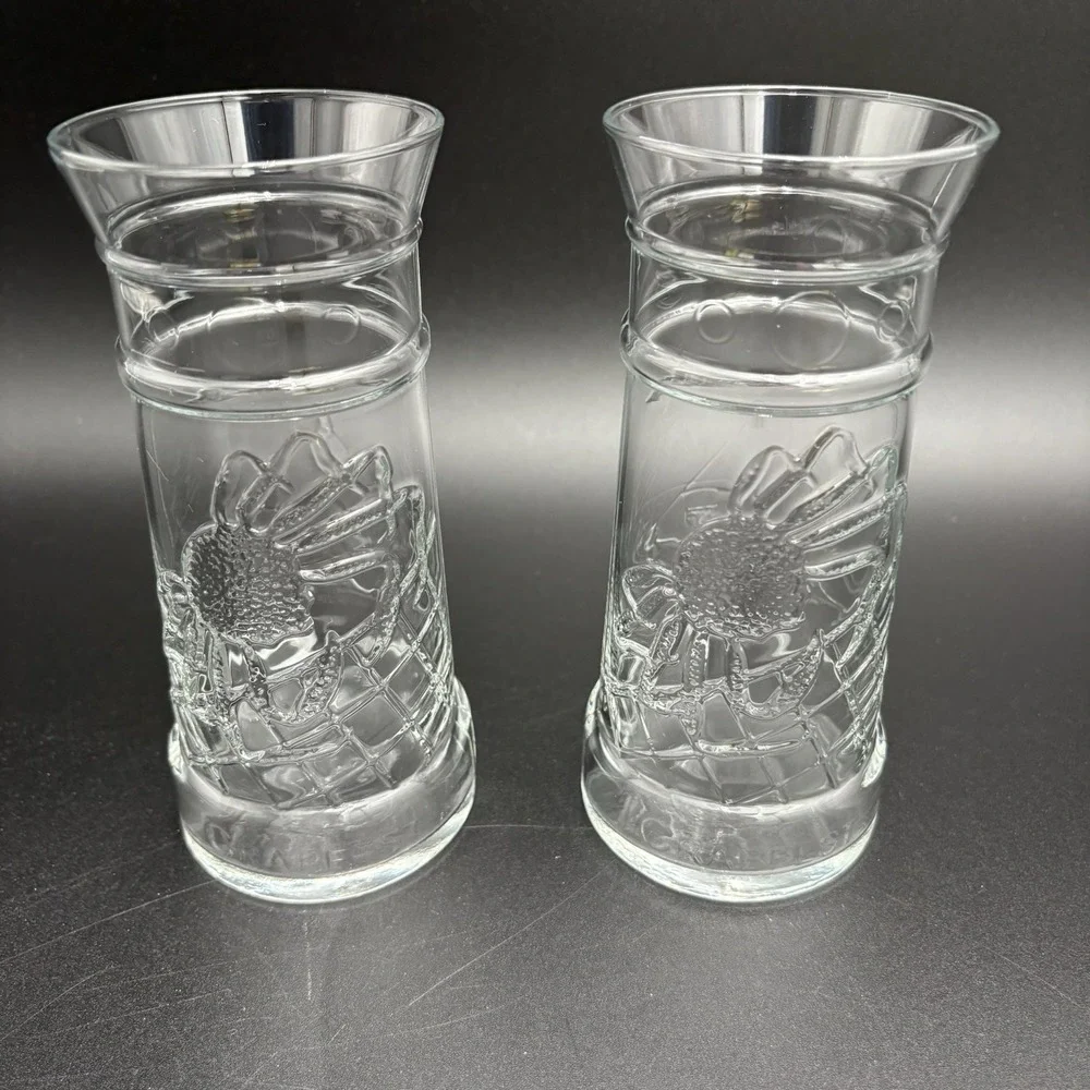 Red Lobster Embossed Lighthouse Crabfest‎ Glass Set of 2 Crab Sailboat NICE